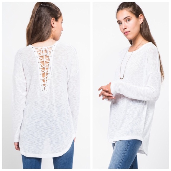 White long sleeve lace-up back sweater top - Picture 2 of 3